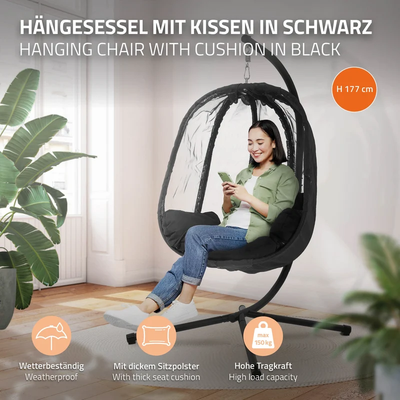 Hängesessel mit Gestell und Sitzkissen Schwarz aus Stahl inkl. Abdeckung ML-Design