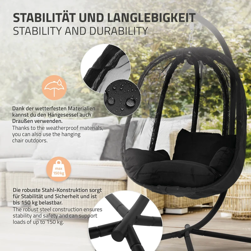 Hängesessel mit Gestell und Sitzkissen Schwarz aus Stahl inkl. Abdeckung ML-Design