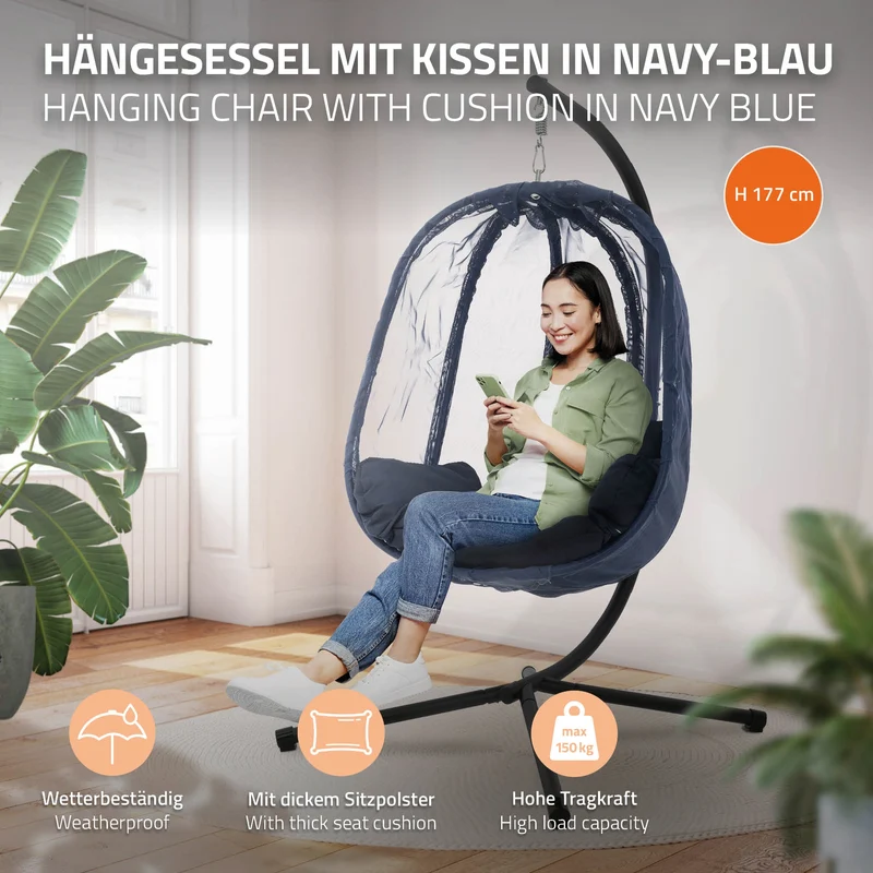 Hängesessel mit Gestell und Sitzkissen Navyblau aus Stahl inkl. Abdeckung ML-Design