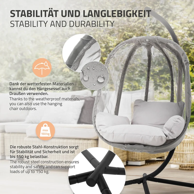Hängesessel mit Gestell und Sitzkissen Grau aus Stahl inkl. Abdeckung ML-Design