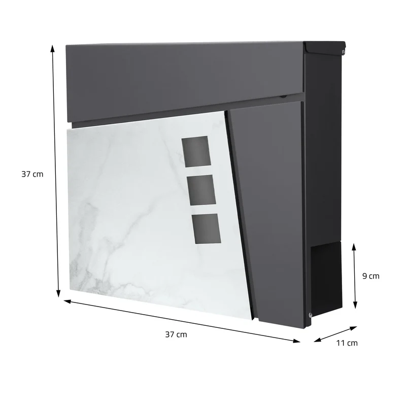 Standbriefkasten mit Zeitungsfach 37x36,5x11 cm Anthrazit/Weiß-Marmoroptik aus Stahl ML-Design, Modernes Asymetrisches Design, Standhöhe 120/170 cm Anthrazit
