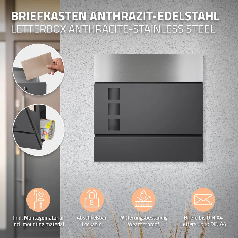 Standbriefkasten mit Zeitungsfach 37 cm Anthrazit inkl. Ständer 170 cm hoch Anthrazit Briefkasten freistehend