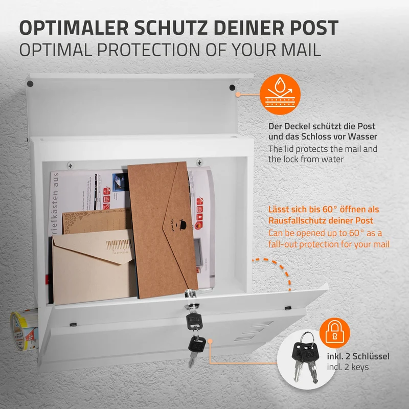 Standbriefkasten mit Zeitungsfach 37x36,5x10,5 cm Weiß aus Stahl