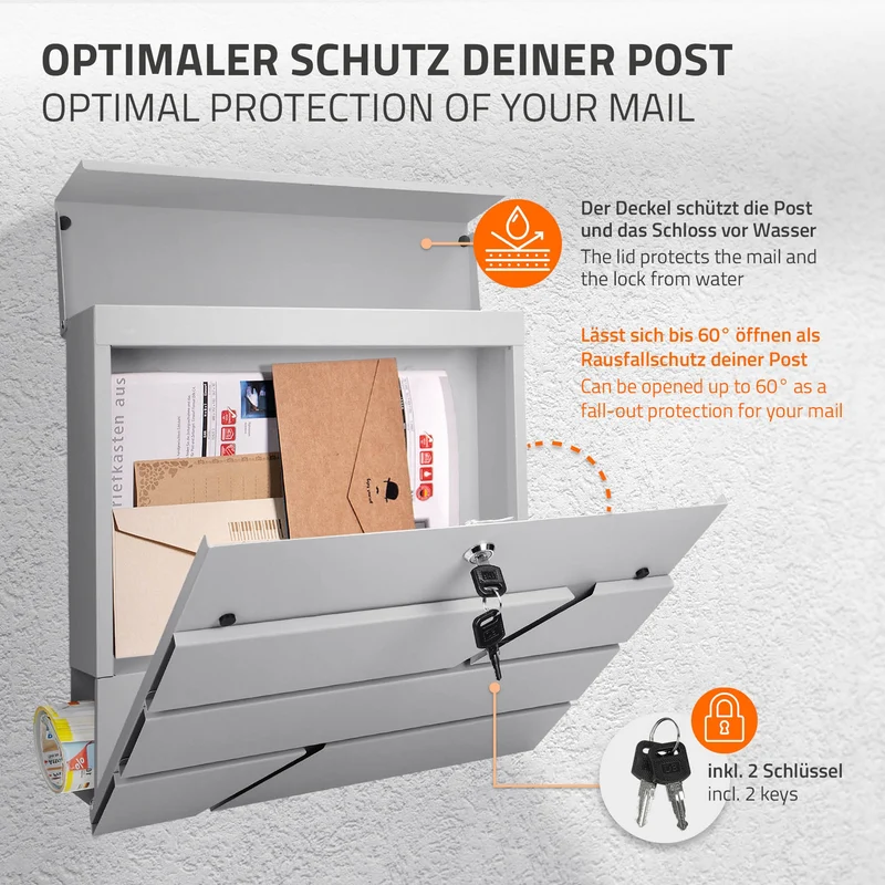 Standbriefkasten mit Zeitungsfach 37x11x37 cm Hellgrau aus Edelstahl ML-Design