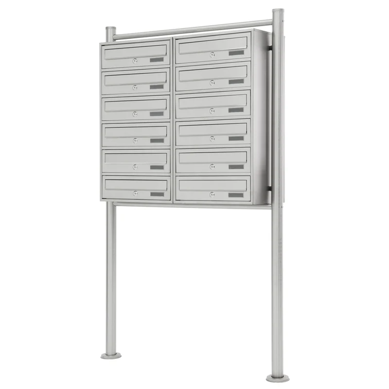 Briefkastenanlage mit Standfuß 12 Fach Silber 89x150x27 cm aus Edelstahl