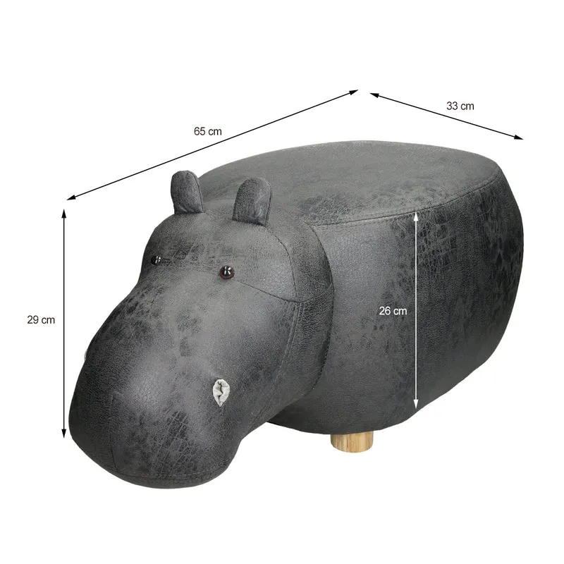 Tierhocker Nilpferd 65x33x29 cm Grau aus Kunstleder mit Holzbeine