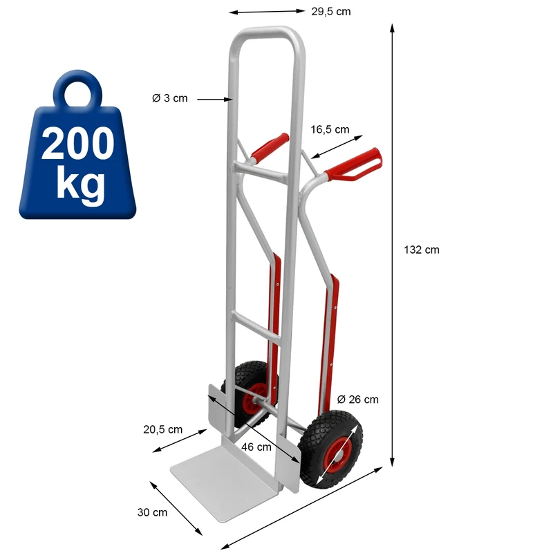 Sackkarre mit Treppenrutsche, belastbar bis 200 kg, aus Aluminium, PU Kunststoff Griff, 3.00-4" Gummi-Luft-Rädern