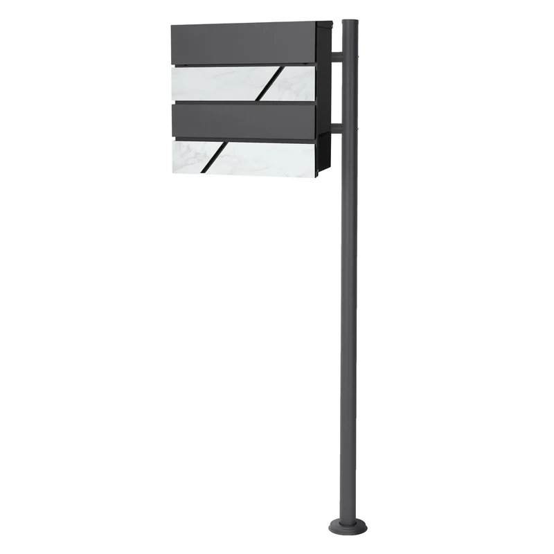 Standbriefkasten mit Zeitungsfach 37x37x11 cm Anthrazit/Weiß-Marmoroptik aus Stahl ML-Design, Modernes Horizontales Design, Standhöhe 120 cm Anthrazit