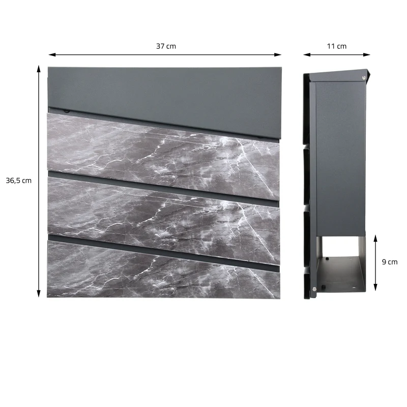 Standbriefkasten mit Zeitungsfach 37x36,5x11 cm Anthrazit/Schwarz-Marmoroptik aus Stahl ML-Design, Modernes Diagonales Design, Standhöhe 120 cm Silber