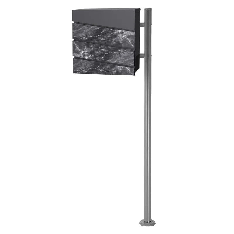 Standbriefkasten mit Zeitungsfach 37x36,5x11 cm Anthrazit/Schwarz-Marmoroptik aus Stahl ML-Design, Modernes Diagonales Design, Standhöhe 120 cm Silber