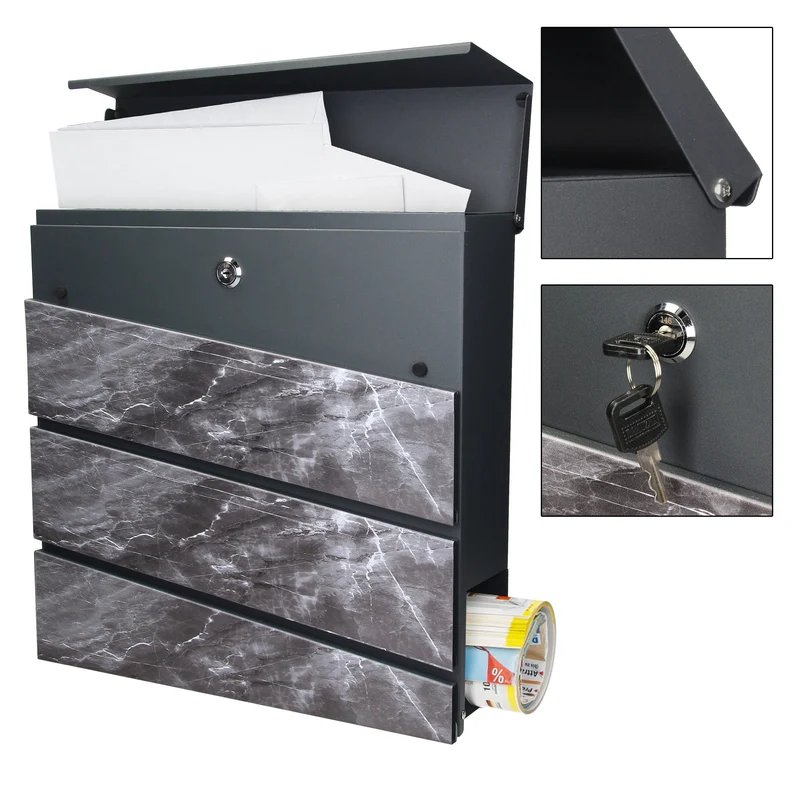 Standbriefkasten mit Zeitungsfach 37x36,5x11 cm Anthrazit/Schwarz-Marmoroptik aus Stahl ML-Design, Modernes Diagonales Design, Standhöhe 120 cm Anthrazit