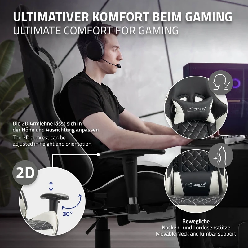 Gamingstuhl mit ausziehbarer Fußstütze 2D Armlehne Schwarz/Weiß aus Kunstleder ML-Design