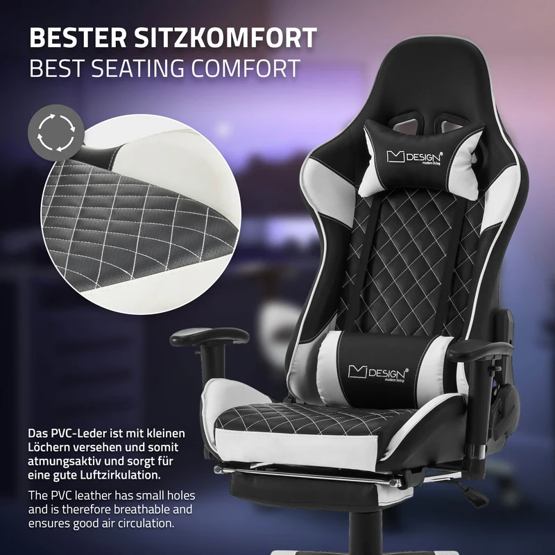 Gamingstuhl mit ausziehbarer Fußstütze 2D Armlehne Schwarz/Weiß aus Kunstleder ML-Design
