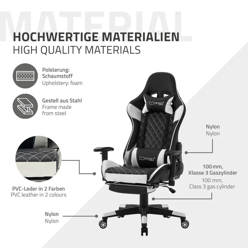 Gamingstuhl mit ausziehbarer Fußstütze 2D Armlehne Schwarz/Weiß aus Kunstleder ML-Design