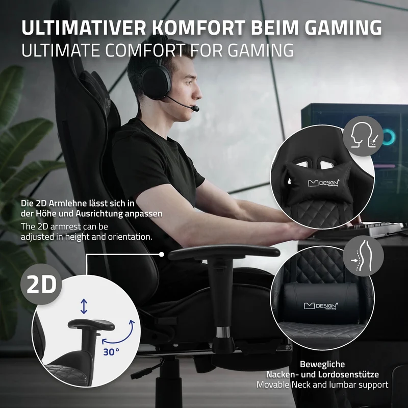 Gamingstuhl mit ausziehbarer Fußstütze 2D Armlehne Schwarz aus Kunstleder ML-Design