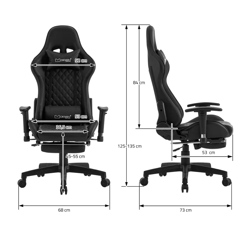 Gamingstuhl mit ausziehbarer Fußstütze 2D Armlehne Schwarz aus Kunstleder ML-Design