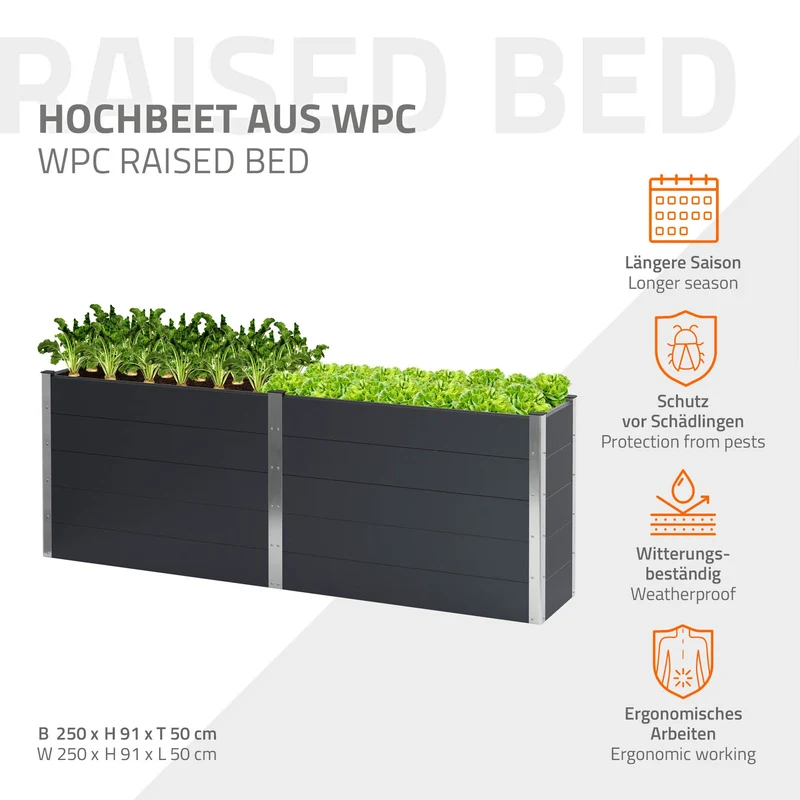 Hochbeet 250x50x91 cm Anthrazit aus WPC ML-Design