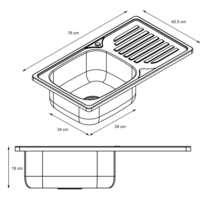 Küchenspüle 76 x 42.5 cm mit Spülbecken links Komplett-Syphon-Set, Spülmaschinenanschluss, Überlauf und Dichtband