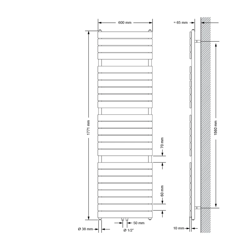 Badheizkörper Steam Design 600x1771 mm, weiß, mit Mittelanschluss