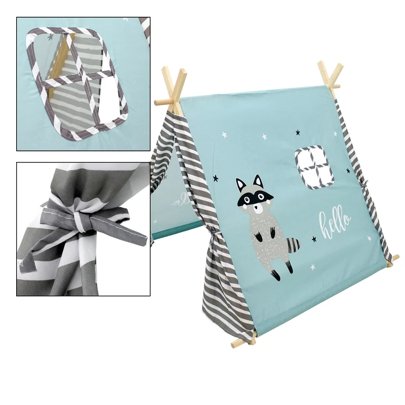 Spielzelt für Kinder mit zwei Türen und einem Fenster 117x108x105 cm türkis mit Waschbär Motiv aus Polyester