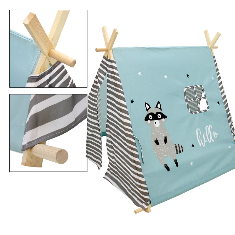 Spielzelt für Kinder mit zwei Türen und einem Fenster 117x108x105 cm türkis mit Waschbär Motiv aus Polyester