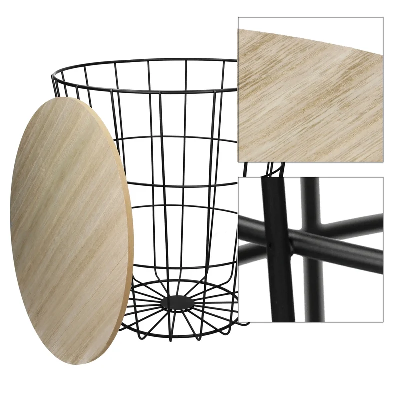 Beistelltisch Rundform Ø 38,5x42 cm Schwarz/Natur aus MDF mit Metallkorb