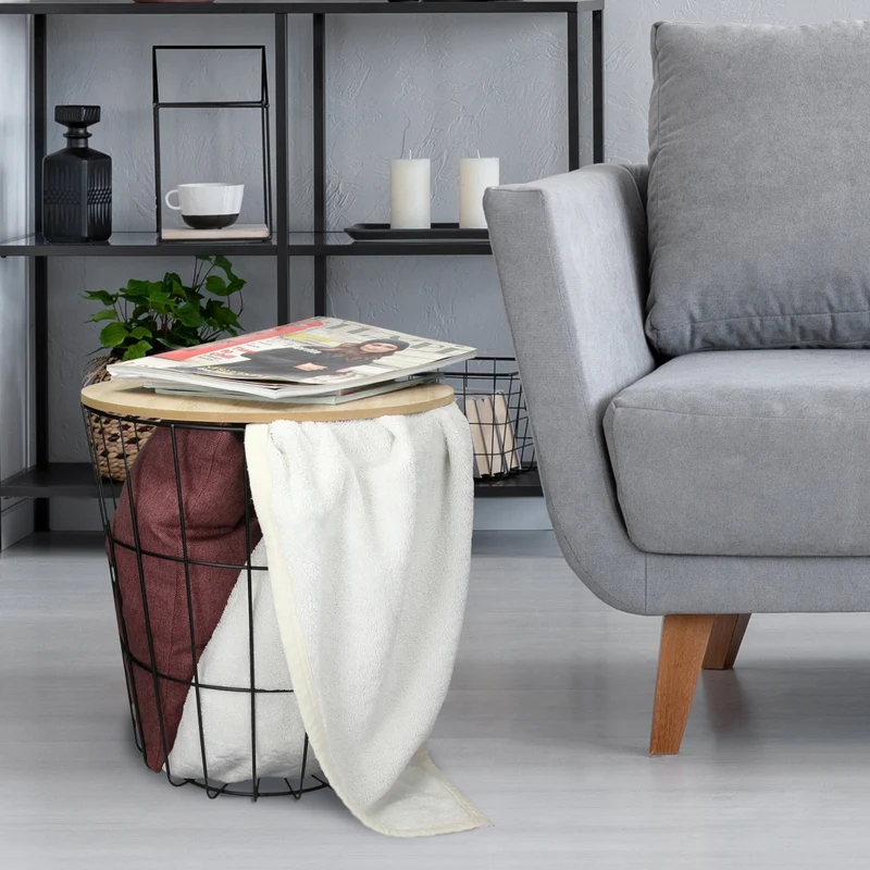 Beistelltisch Rundform Ø 38,5x42 cm Schwarz/Natur aus MDF mit Metallkorb
