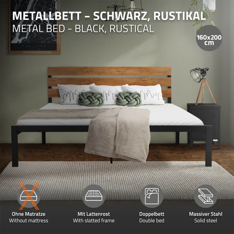 Metallbett Bettgestell mit Lattenrost 160x200 cm Schwarz/Braun mit Holz Kopfteil ML-Design