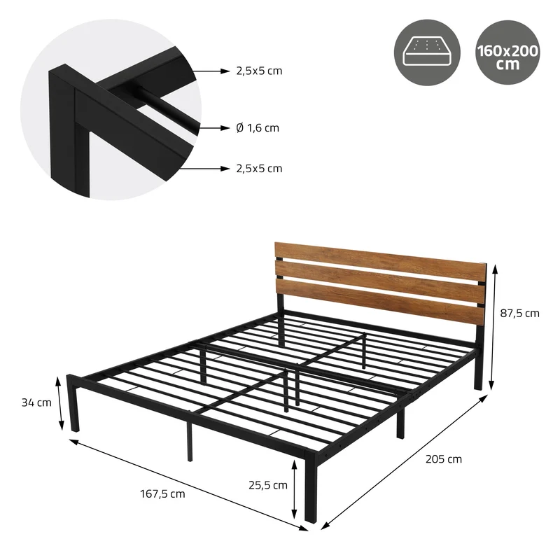 Metallbett Bettgestell mit Lattenrost 160x200 cm Schwarz/Braun mit Holz Kopfteil ML-Design