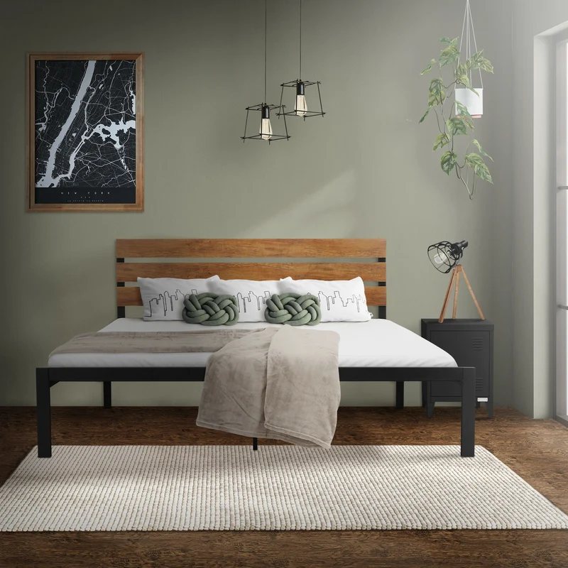 Metallbett Bettgestell mit Lattenrost 160x200 cm Schwarz/Braun mit Holz Kopfteil ML-Design