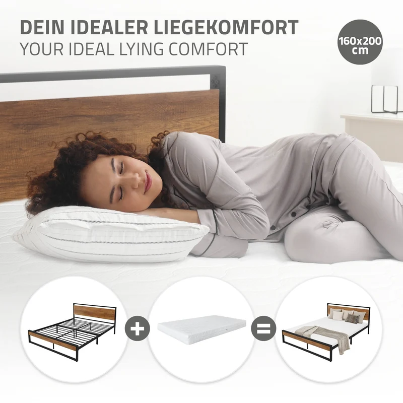 Metallbett Bettgestell mit Lattenrost 160x200 cm Schwarz/Braun mit Holz Kopf-& Fußteil ML-Design