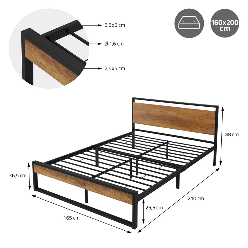 Metallbett Bettgestell mit Lattenrost 160x200 cm Schwarz/Braun mit Holz Kopf-& Fußteil ML-Design