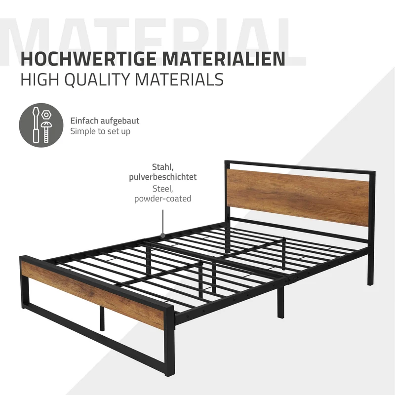 Metallbett 140x200 cm mit Lattenrost Schwarz/Braun Bettgestell 210 x 36,5/88 x 145 cm mit Holz Kopf- & Fußteil ML-Design
