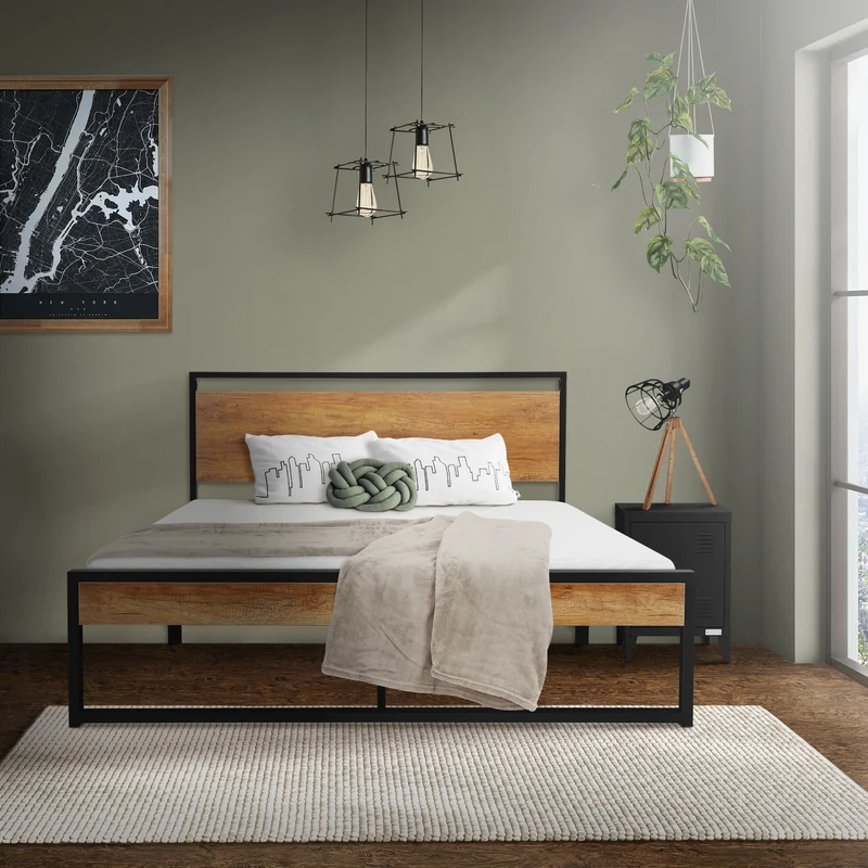 Metallbett 140x200 cm mit Lattenrost Schwarz/Braun Bettgestell 210 x 36,5/88 x 145 cm mit Holz Kopf- & Fußteil ML-Design