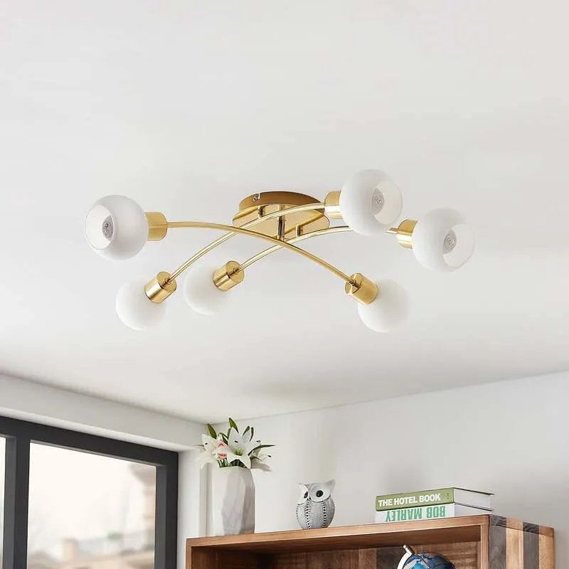 B-Ware Lindby Deckenleuchte Agmar LED Lampe dimmbar 6-flg messingfarben Glas 80x72cm