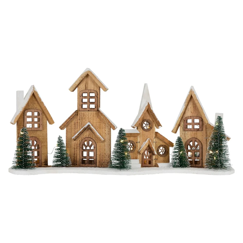 LED Weihnachtsdorf aus Holz mit 25 warmweißen LEDs batteriebetrieben mit Timerfunktion