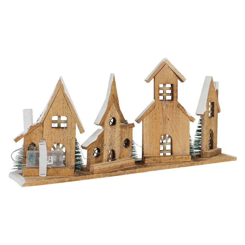 LED Weihnachtsdorf aus Holz mit 25 warmweißen LEDs batteriebetrieben mit Timerfunktion