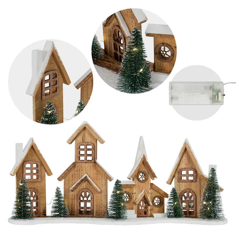 LED Weihnachtsdorf aus Holz mit 25 warmweißen LEDs batteriebetrieben mit Timerfunktion