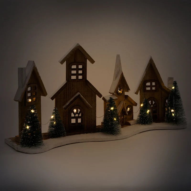 LED Weihnachtsdorf aus Holz mit 25 warmweißen LEDs batteriebetrieben mit Timerfunktion