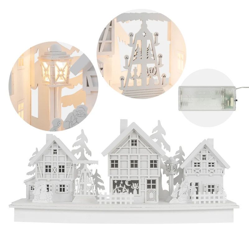 Leuchtendes Weihnachtsdorf Weiß mit warmweißer Lichterkette aus Holz Modell C