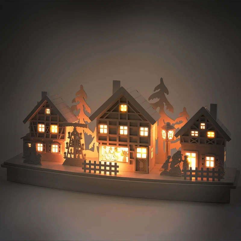 Leuchtendes Weihnachtsdorf Weiß mit warmweißer Lichterkette aus Holz Modell C