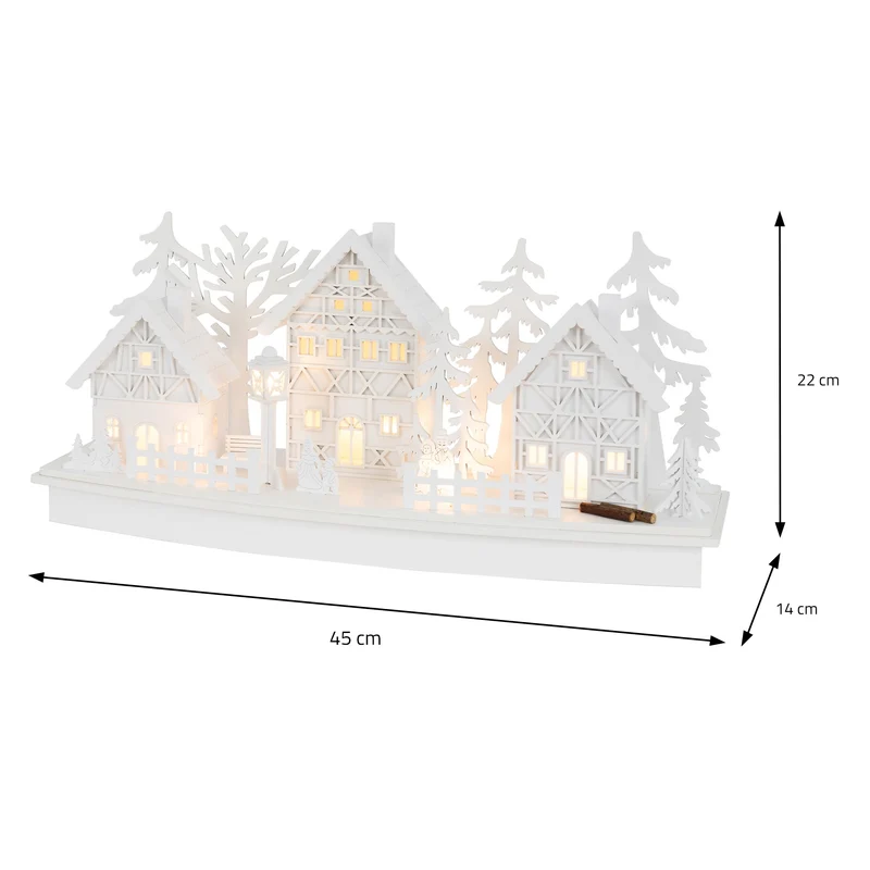 Leuchtendes Weihnachtsdorf Weiß mit warmweißer Lichterkette aus Holz Modell B