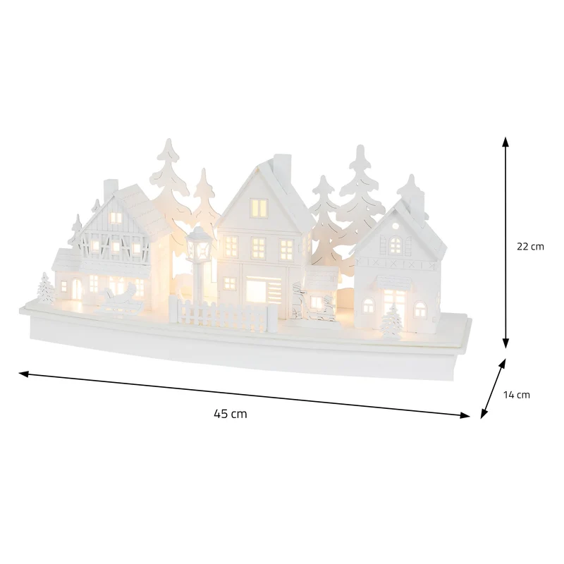 Leuchtendes Weihnachtsdorf Weiß mit warmweißer Lichterkette aus Holz Modell A