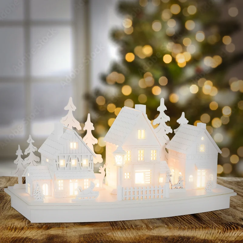 Leuchtendes Weihnachtsdorf Weiß mit warmweißer Lichterkette aus Holz Modell A