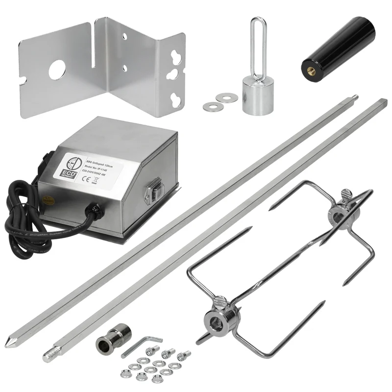 Grillspieß Set 120 cm mit 2x Fleischnadeln und Edelstahl Motor 2U/m inkl. Motorhaltung