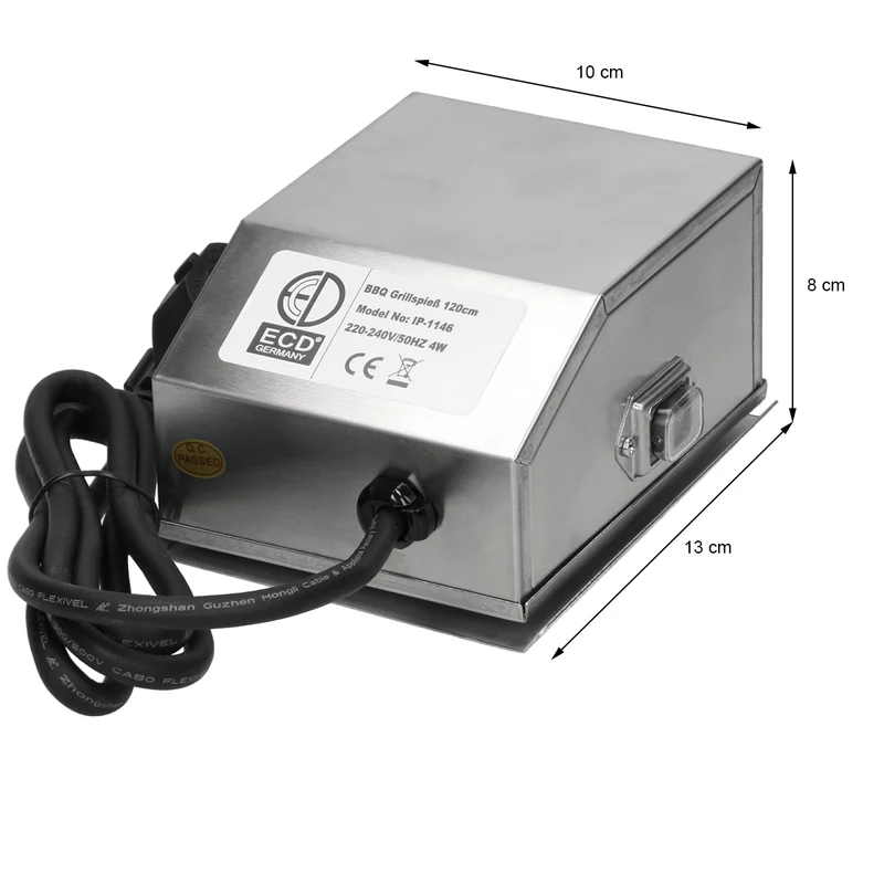 Grillspieß Set 120 cm mit 2x Fleischnadeln und Edelstahl Motor 2U/m inkl. Motorhaltung