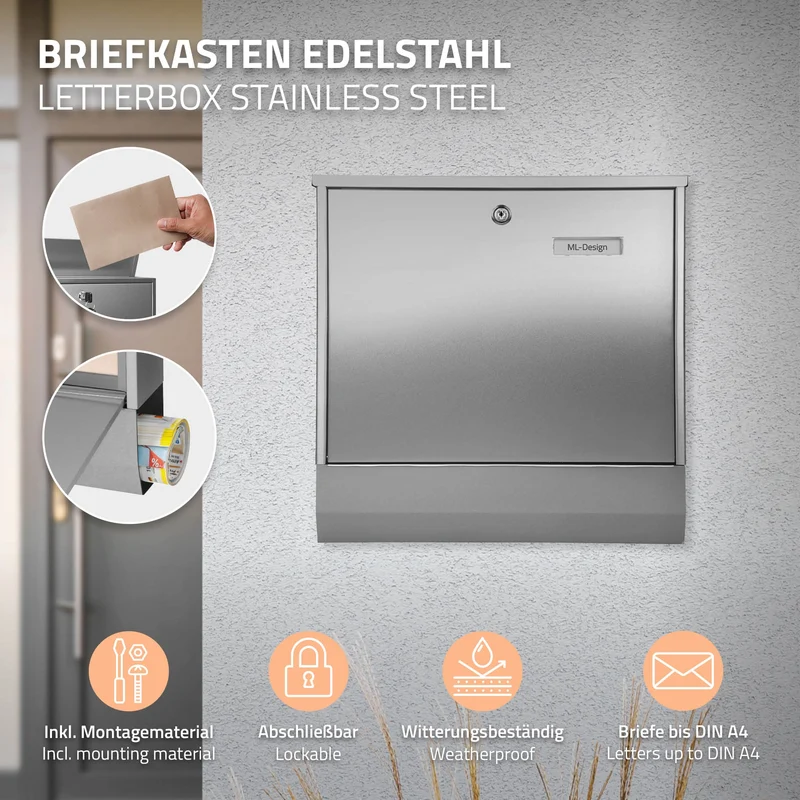 Briefkasten mit Zeitungsfach Silber 37,5x10x39 cm aus Edelstahl