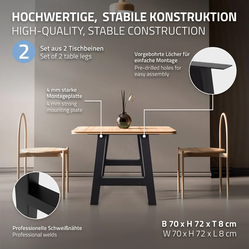Tischbeine Tischgestell 2er Set A-Design 70 x 72 cm Schwarz aus Stahl ML-Design