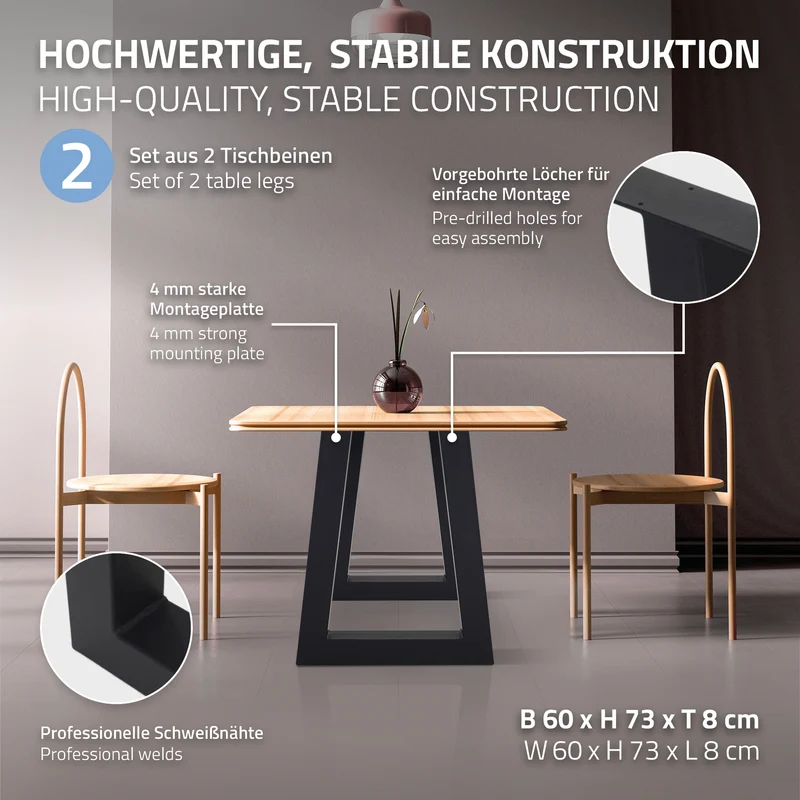 Tischbeine Tischgestell 2er Set Trapez-Design 60 x 73 cm Schwarz aus Stahl ML-Design