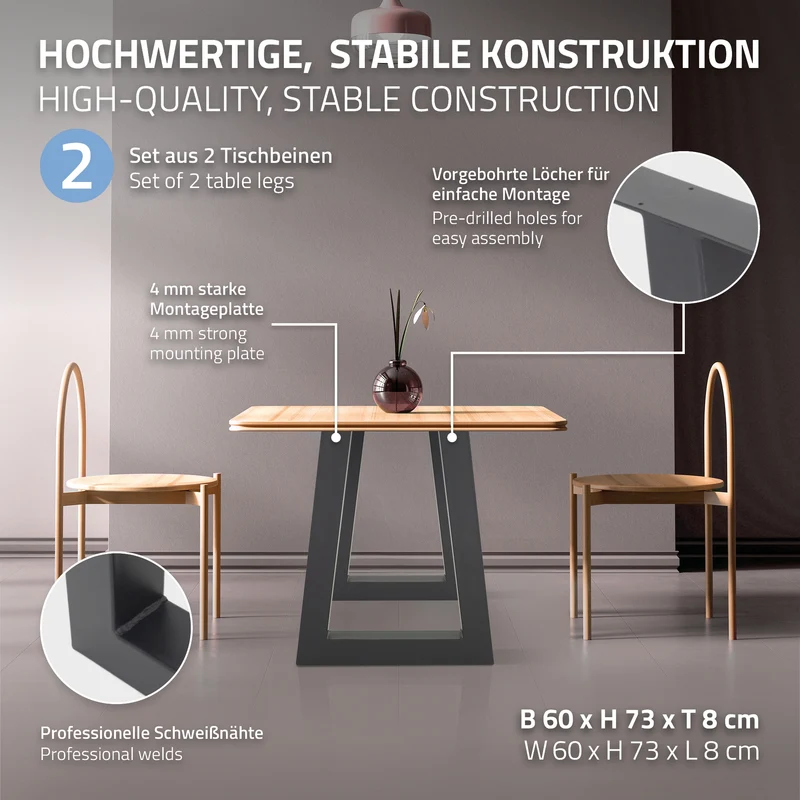 Tischbeine Tischgestell 2er Set Trapez-Design 60 x 72 cm Anthrazit aus Stahl ML-Design